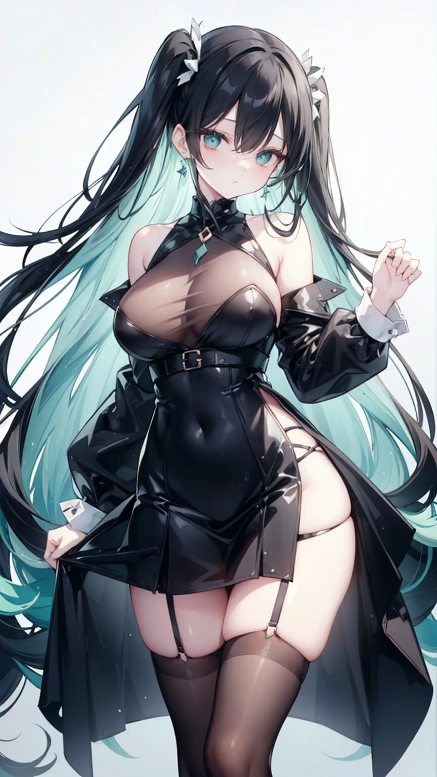 Long Black Hair、Half Up、Mint accents、Slanted Eyes、Mint-colored eyeint colored earrings、Big Breasts、Shoulder Bare、Black clothes、See-through、Black Skirt、tights、garter belt