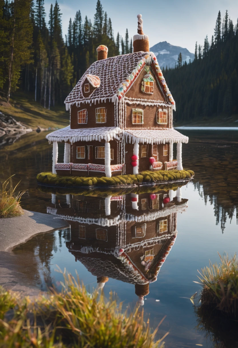 knitted gingerbread house on the shore of the sour lake