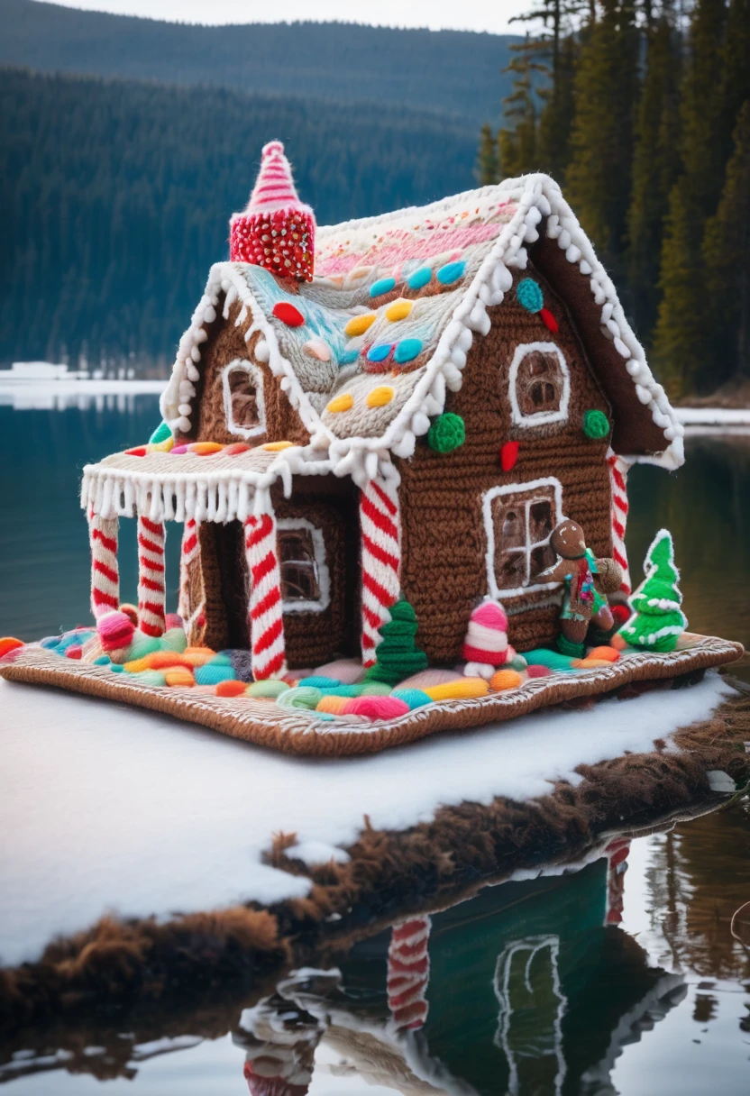 knitted gingerbread house on the shore of the sour lake