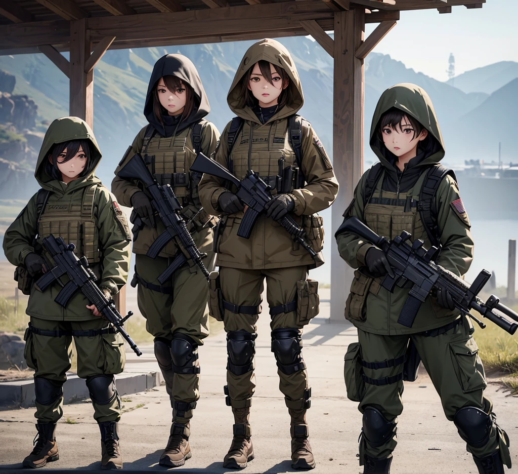 A group of female soldiers with guns fighting，All wear dark brown hooded military uniforms、Hooded on head、Individual equipment set、Military Pants、Knee pads，Write details、masterpiece、best quality、Highly detailed CG、8K picture quality。