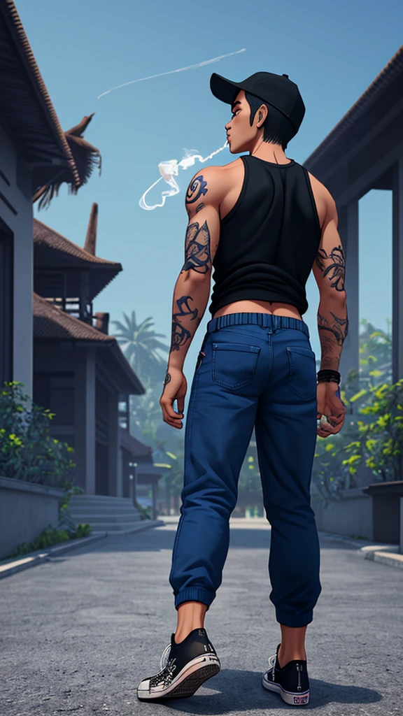 realistic photo, seen from behind a young Indonesian man with strong, tattooed hands, wearing a plain black t-shirt, wearing a black baseball cap backwards, wearing Converse shoes walking while smoking, the background of Majapahit is blurry, bright lighting focuses on the man, fantasy style, bright blue sky, 3d render,, 35mm f/1.8.,high color saturation. using deep sky blue, light navy blue, and violet colors.