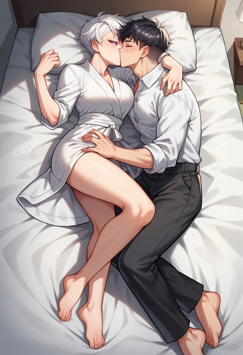 1 girl, pixie cut, white hair, very short, white eyelashes, purple eyes, Japanese, large breast, sexy, full body, fit body, very white skin, white bathrobe, laying in bed, teasing, seductive, kissing, 1 boy, Long black hair, red eyes, fit body, white long sleeve polo, rolled up sleeves, black pants,