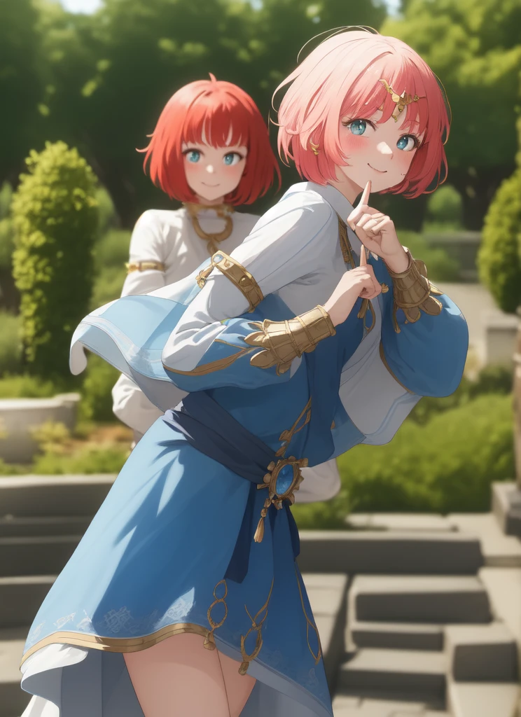 Niroudef, Upper Body, smile, blush, Outdoor, Day, Simple Background, blue null, short hair, null, Temple, View your viewers, Moody lighting, In-person audience,Put your hand over your mouth