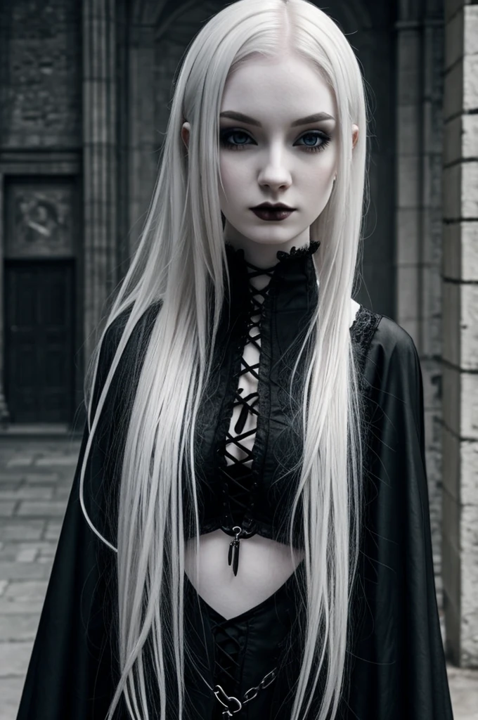 A gothic girl with pale skin, wearing all black gothic clothes, her hair is white with some grey highlights 