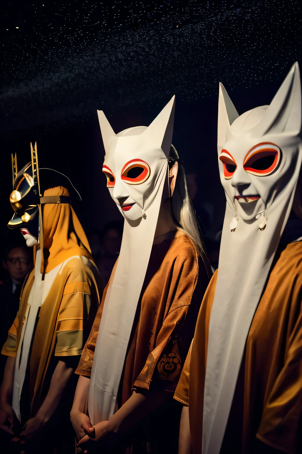 Religious group wearing strange masks, during ritual, background is space