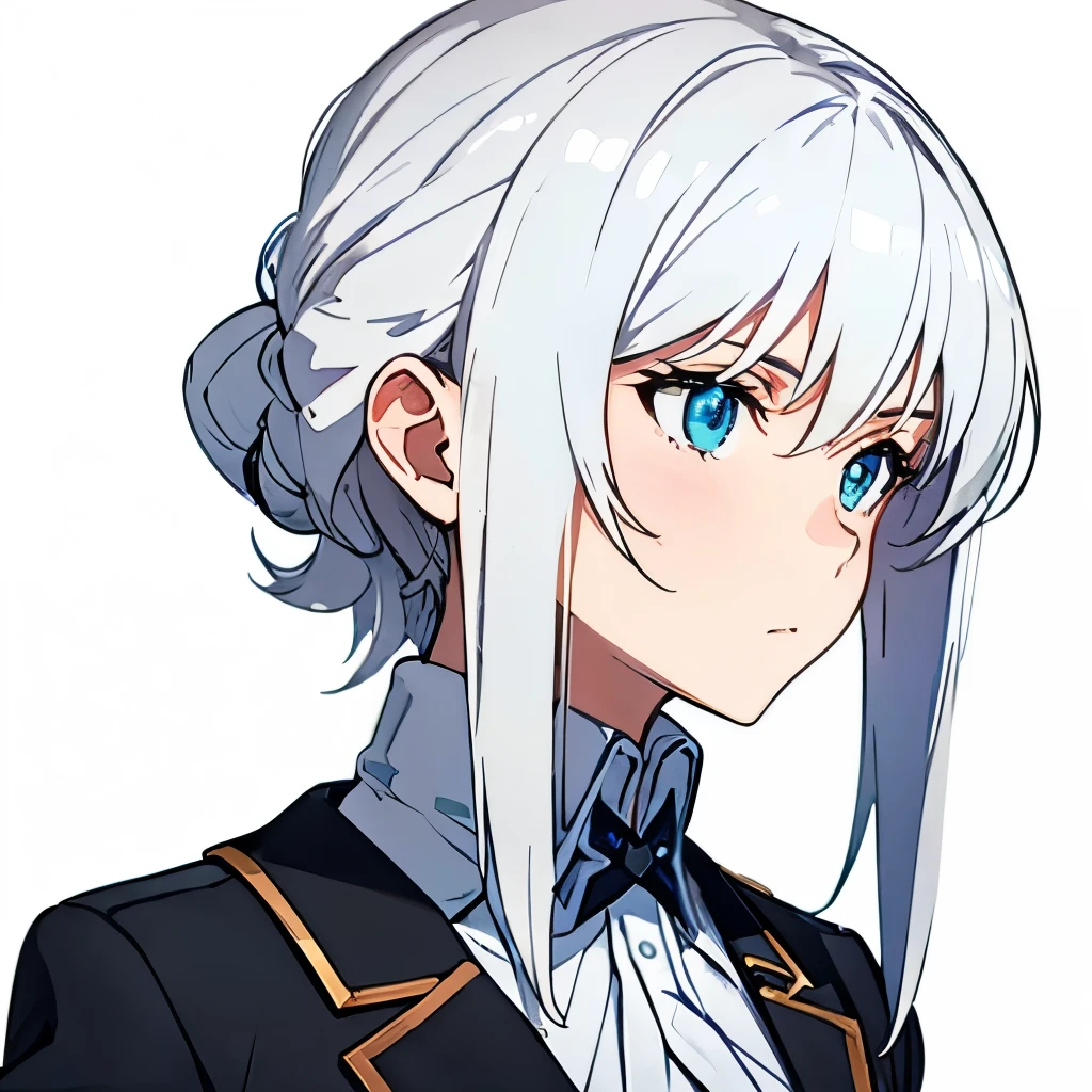 big tits,  1girl, at school, white background, silver hair, blue eyes, emotionless, detailed face, view at camera, school unifom, upperbody, shot from far, half body