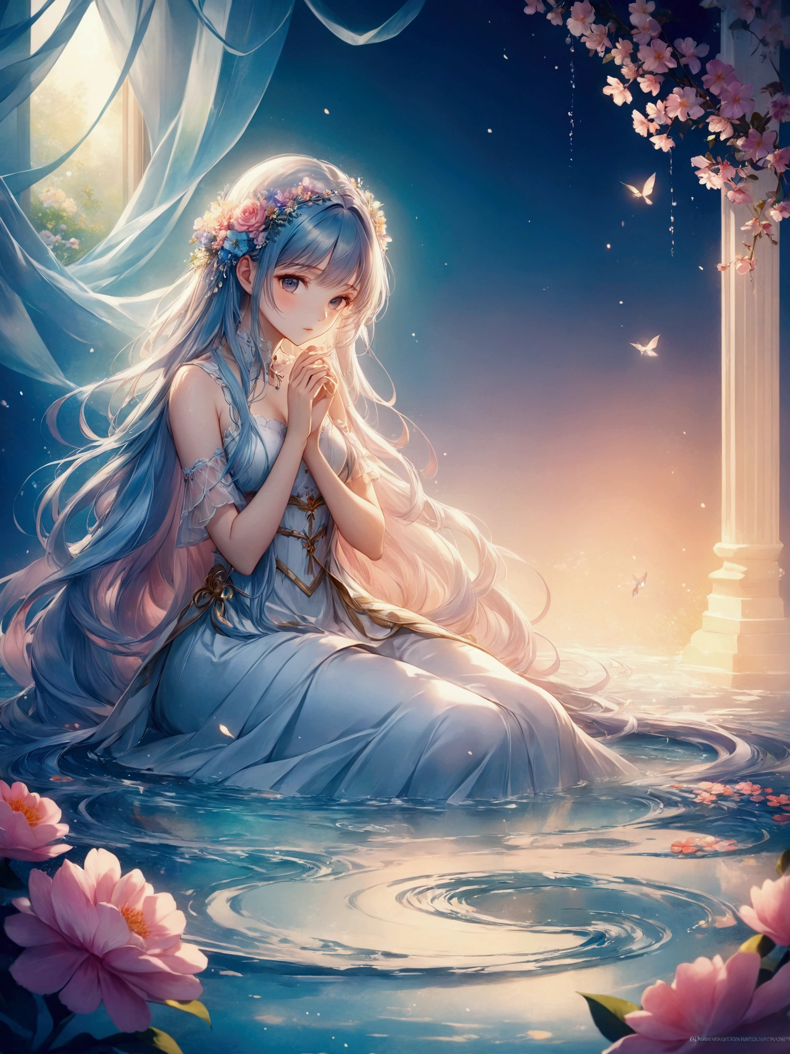 Long hair anime girl sitting in water with flowers, Beautiful fantasy anime, Anime fantasy illustration, Beautiful Anime artwork, Anime fantasy artwork, Beautiful Anime art, anime art wallpaper 4k, anime art wallpaper 4k, Anime Art Wallpapers 8K, Beautiful artwork illustration, Beautiful Anime, Beautiful Anime girl, Beautiful fantasy maiden, Beautiful fantasy art, Digital art on Pixiv