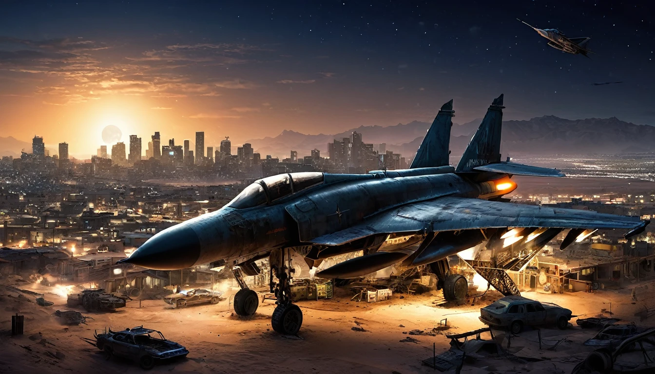 jet fighter desert night city post apocalyptic