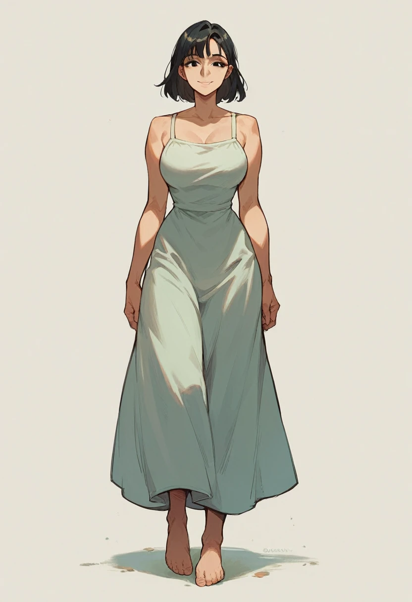 Score_9, Score_8_up, Score_7_up, 1 girl, black hair, black eyes, curvy figure, smile, summer dress, large bust, barefoot, front view, looking forward, standing, simple background, white background,