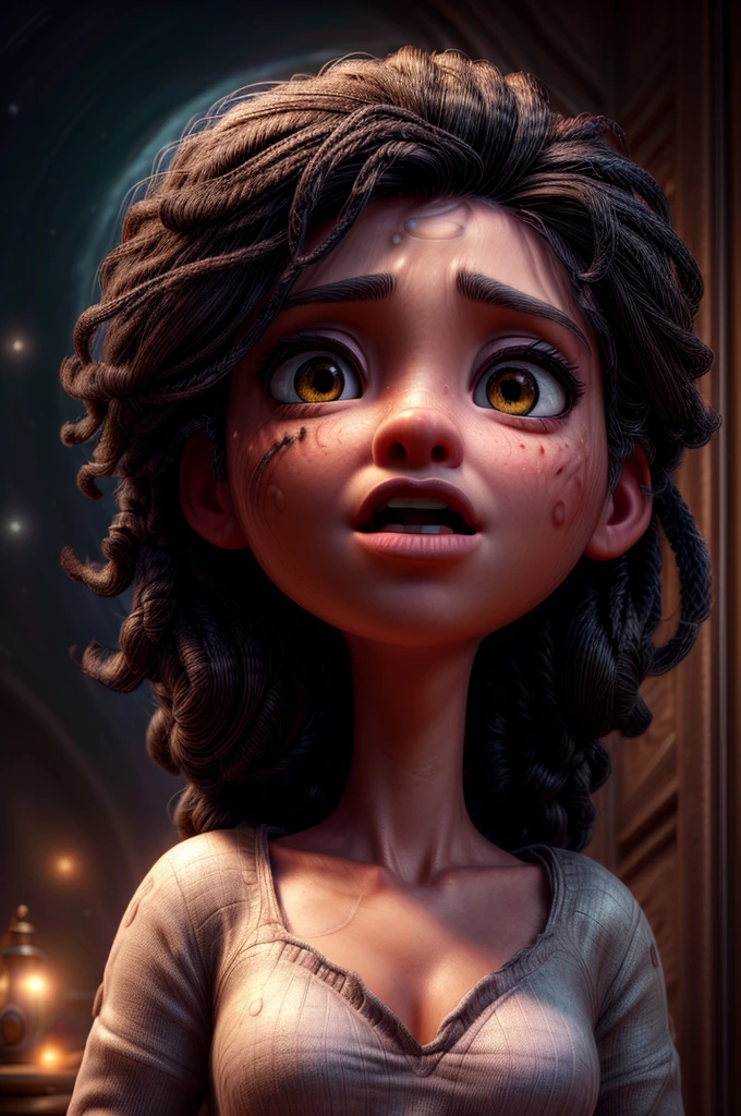 a scared woman, beautiful detailed eyes, beautiful detailed lips, extremely detailed eyes and face, long eyelashes, black hair, white skin, screaming without a sound, traveling in space, flying with a golden aura, energy emanating from her head, universe in the background, exotic symbols in space, (best quality,4k,8k,highres,masterpiece:1.2),ultra-detailed,(realistic,photorealistic,photo-realistic:1.37),cinematic lighting,dramatic shadows,vibrant colors,mystical,surreal,sci-fi,hyperrealistic