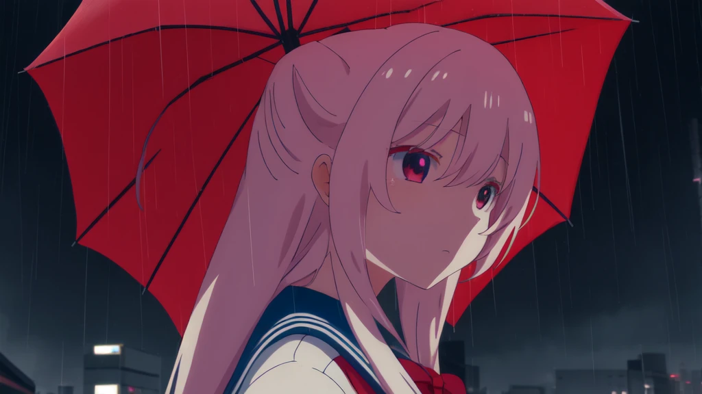 -umbrella, masterpiece, best quality, city background, rainy, 1girl, solo, upper body, bow, serafuku, satou, emotionless, expressionless, anime wallpaper 4k, detailed background, detailed face