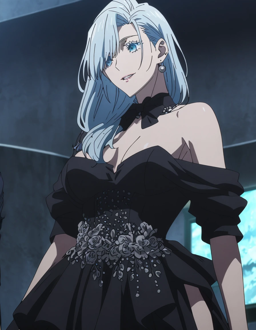1girl, female gojo satoru, anime screencap from jujutsu kaisen, gojo satoru female version, solo, long_hair, ((Blue eyes, round sunglasses)) ((Silver_hair, hair over ear from one side))((slicked hair)) , night view, (hanging breasts) upper_body, smile, indoors, parted lips, (long hair) ((wearing black colour prom night outfit, off the shoulder)) breast, "very detailed and high resolution" (Blue eyes, round sunglasses) ((solo)) (((front view))) (earings) ((high resolution)) ((good quality)) ((silky hair, hair over ear from one side))((hair slicked)) ((parted lips)) ((shot from behind))