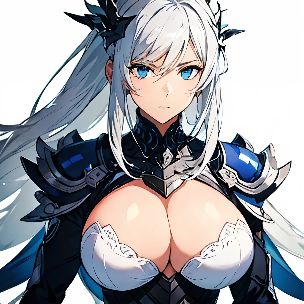big tits, 1girl, at school, white background, silver hair, blue eyes, emotionless, detailed face, view at camera, school unifom, upperbody, shot from far, half body