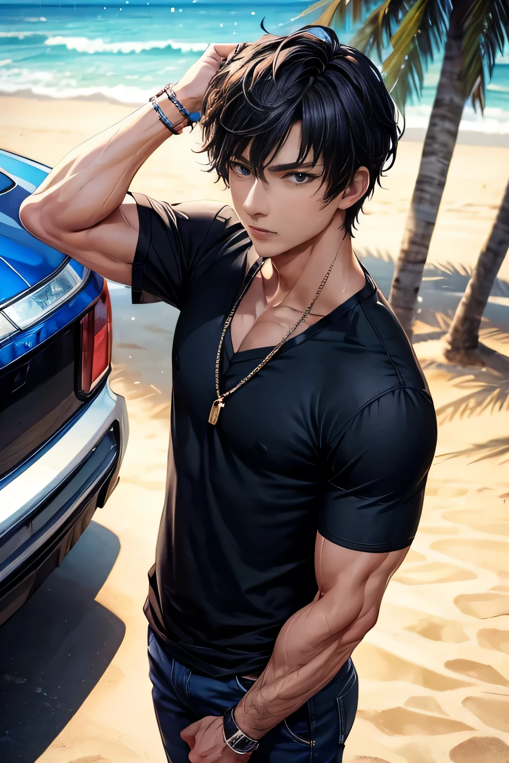 [Body: six pack, well build, black hair, blue eyes, brown skin, short hair, male, strong, manly ]
[Outfit: man short, beach shirt.]
[Personality: fatherly, rich, smart, cool.] Anime, high detailed anime style, high detailed eyes, high detail face, detailed pupils, detailed eyes, correct pupils 
