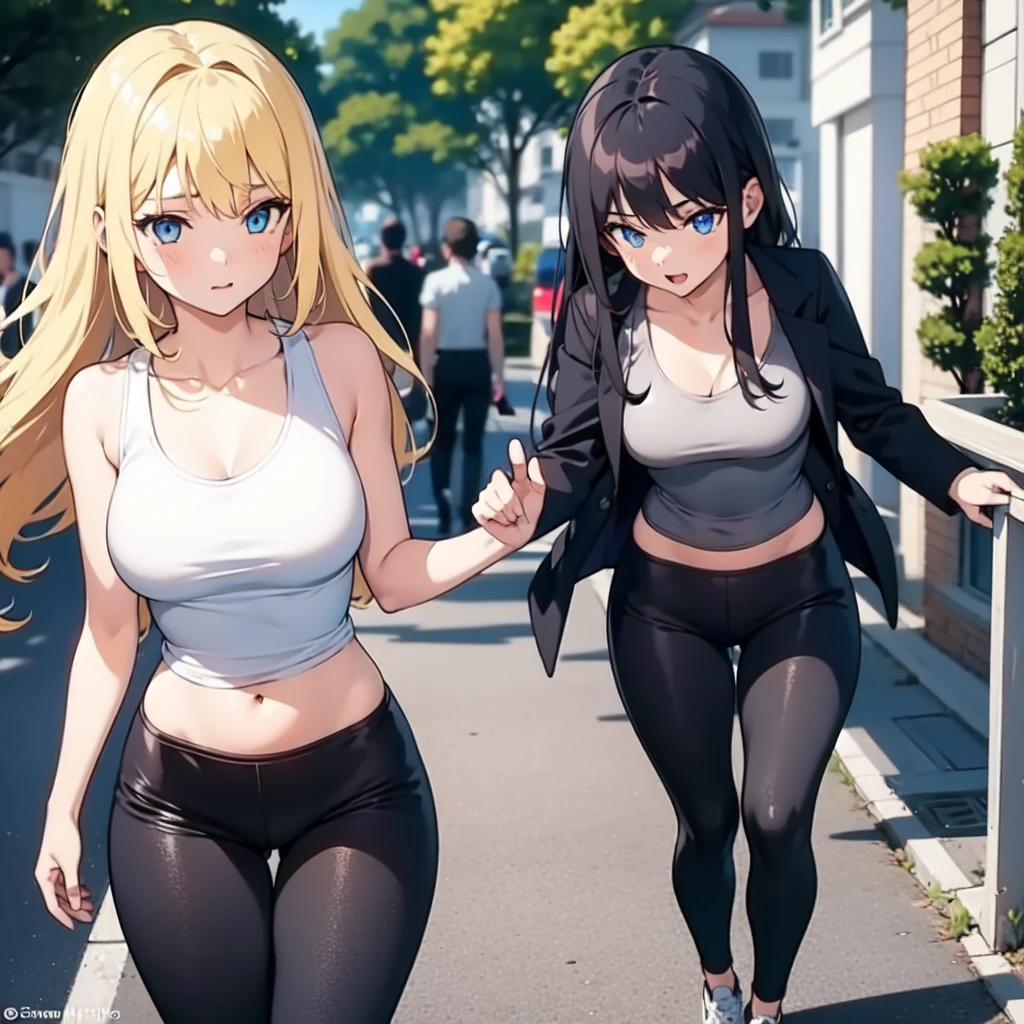 1girl, one person, girl with long blonde hair, blue eyes, white tank top, tight fitting black pants. walking. slim.