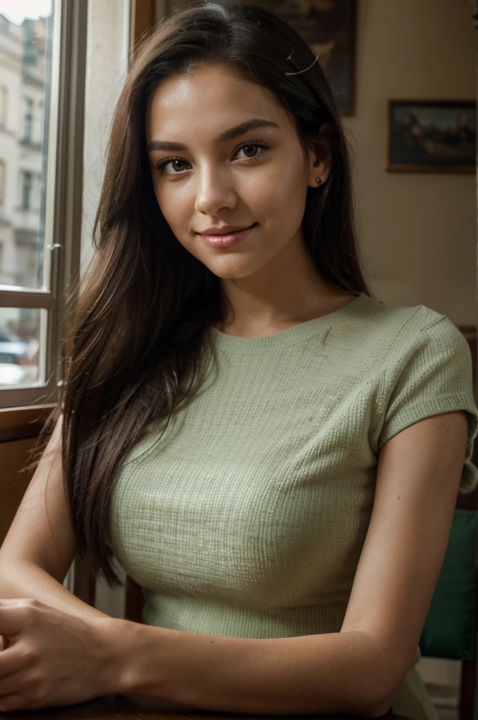 A sophisticated woman, 18 blonde years old, standing at 1.65 meters tall. Her luxurious black hair, streaked with elegant silver, perfectly complements her striking green eyes. Her face, youthful yet mature, radiates wisdom and grace. Location: A cozy café with soft, natural lighting and a warm ambiance. Pose: Only her face is visible as she sits at a table, looking directly into the camera with a serene smile. The soft lighting highlights her features, creating an aura of tranquility and timeless Portrait close at camera so close at camera