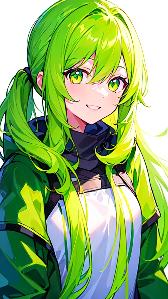 [(WHITE BACKGROUND:1.5),::5], ((((masterpiece)))), high quality, ultra very high resolution, full color, (((solo))), ((younger girl)), (green yellow long hair),  pony tails, (Green eyes), anime, ((upper body)), white parka, smile face,