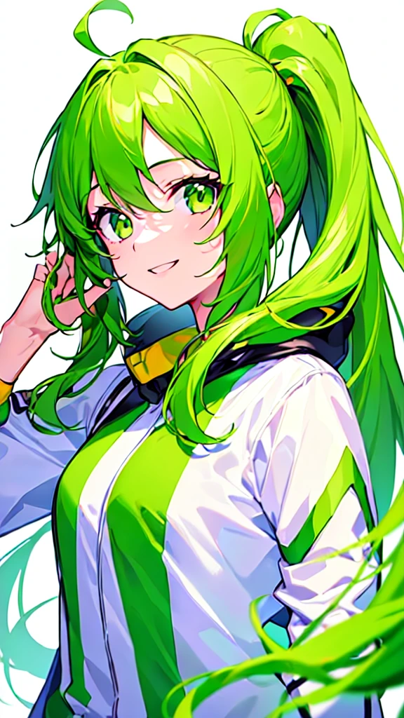 [(WHITE BACKGROUND:1.5),::5], ((((masterpiece)))), high quality, ultra very high resolution, full color, (((solo))), ((younger girl)), (green yellow long hair),  pony tails, (Green eyes), anime, ((upper body)), white parka, smile face,