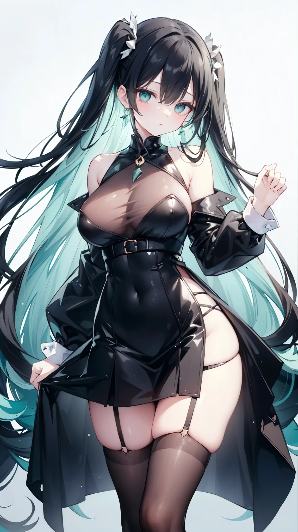 Long Black Hair、Half Up、Mint accents、Slanted Eyes、Mint-colored eyeint colored earrings、Big Breasts、Shoulder Bare、Black clothes、See-through、Black Skirt、tights、garter belt