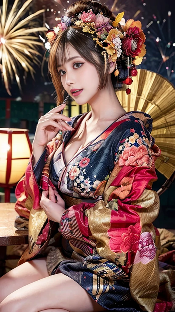 High resolution CG unity wallpaper 8k, top-quality, Piece Table, Realistic, hyper realistic photography, Highly detailed beautiful woman (8K、RAW Photosgraphy、Highest quality、masterpiece:1.2)、(Realistic、Realistic:1.37)、Ultra-high resolution、One Girl、cute、alone、night、Sitting、date、(Nose redness)、(Laughter:1.1)、(Closed)、Huge 、Beautiful Eyes、(short hair:1.2)、(((Fireworks bursting into the sky、night)))、(((kimono、yukata)))、Cleavage、Perfect body、Perfect Fingers、Professional Lighting、Japanese Goddess、gravure、Detailed face and skin texture、fine grain、RAW Photos
