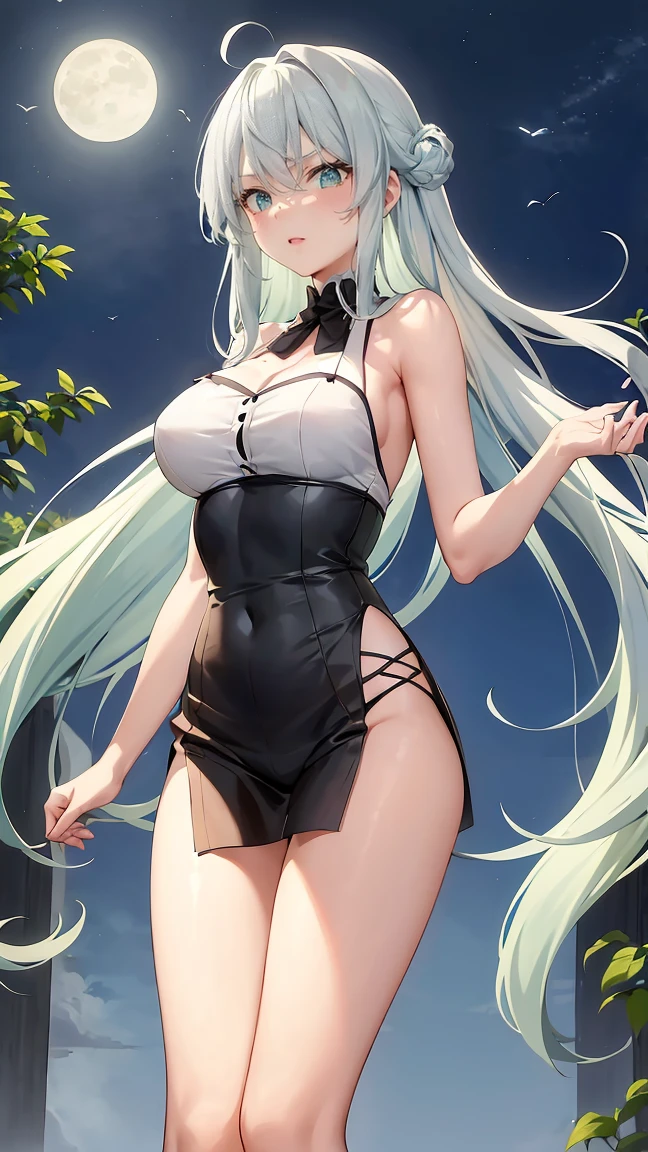 Girl with long green hair,Inner color and white hair、 Beautifully shaped breasts with tension, Green Eyes, Moonlight、moonlight、、、,The whole body from head to toe、Proud expression、Older sister、Emotionally rich facial expressions、(Flying in the air)、Crisp eyebrows、Sleeveless shirt、、Long pants with slits、Beauty under the moon