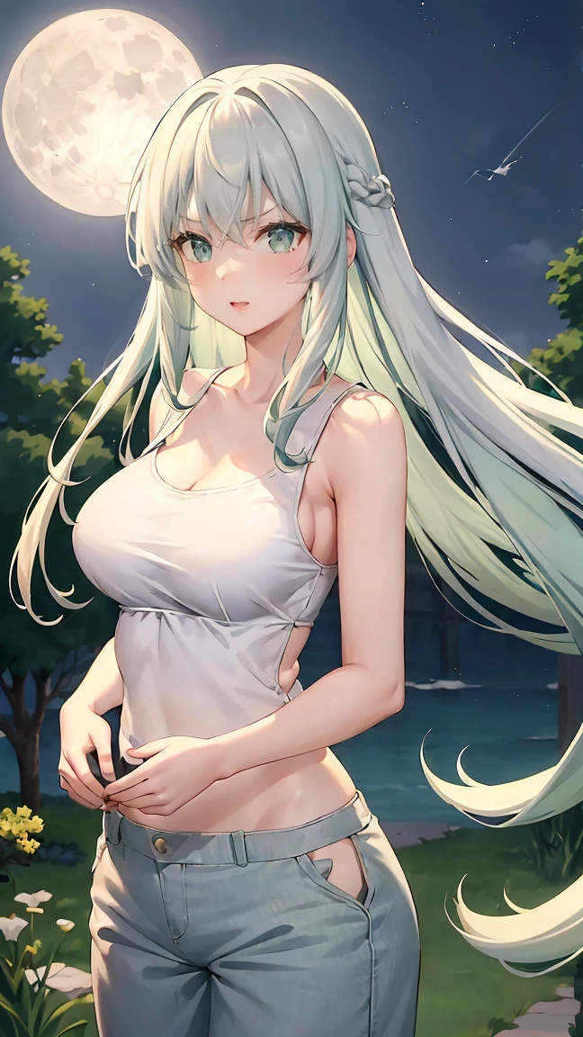 Girl with long green hair,Inner color and white hair、 Beautifully shaped breasts with tension, Green Eyes, Moonlight、moonlight、、、,The whole body from head to toe、Proud expression、Older sister、Emotionally rich facial expressions、(Flying in the air)、Crisp eyebrows、Sleeveless shirt、、Long pants with slits、Beauty under the moon