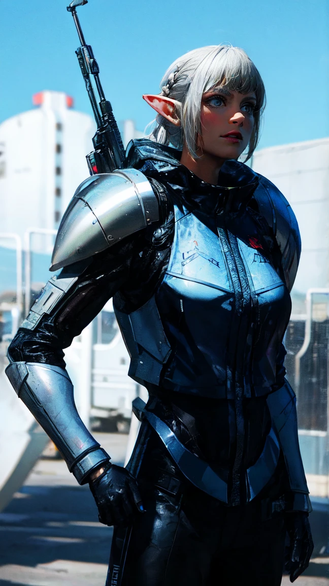 (8k,photorealistic　Raw photography　top quality;1.4) 1 elf girl with White Hair Gun style soldier in the background, Girl in White Mech, Cyberpunk anime mecha girl, Wearing sci-fi military armor, Beautiful black cyborg girl, Cyborg - Silver Girl, Me negro de Fira, Eco the Overwatch, Perfect anime cyborg woman, blue pupils, Five fingers, CGhSociety inspired battlefield, alien predator planet, predator battle,,
