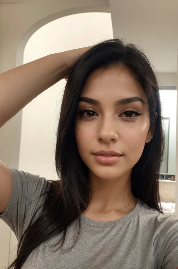 a magnificent young woman in her twenties, with Latino features. She has long, straight black hair that falls loosely over her shoulders. Her face has soft and balanced contours. She has large, well-defined dark brown eyes with long, thick eyelashes and well-arched black eyebrows. His nose is straight and slightly refined, proportionate to his face. Her lips are full and defined, with a natural color, and they are closed, contributing to her neutral expression. Her skin is matte, smooth and without visible imperfections. She is wearing a black t-shirt. She takes a selfie with an iPhone. She holds her ID card clearly visible in her right hand.