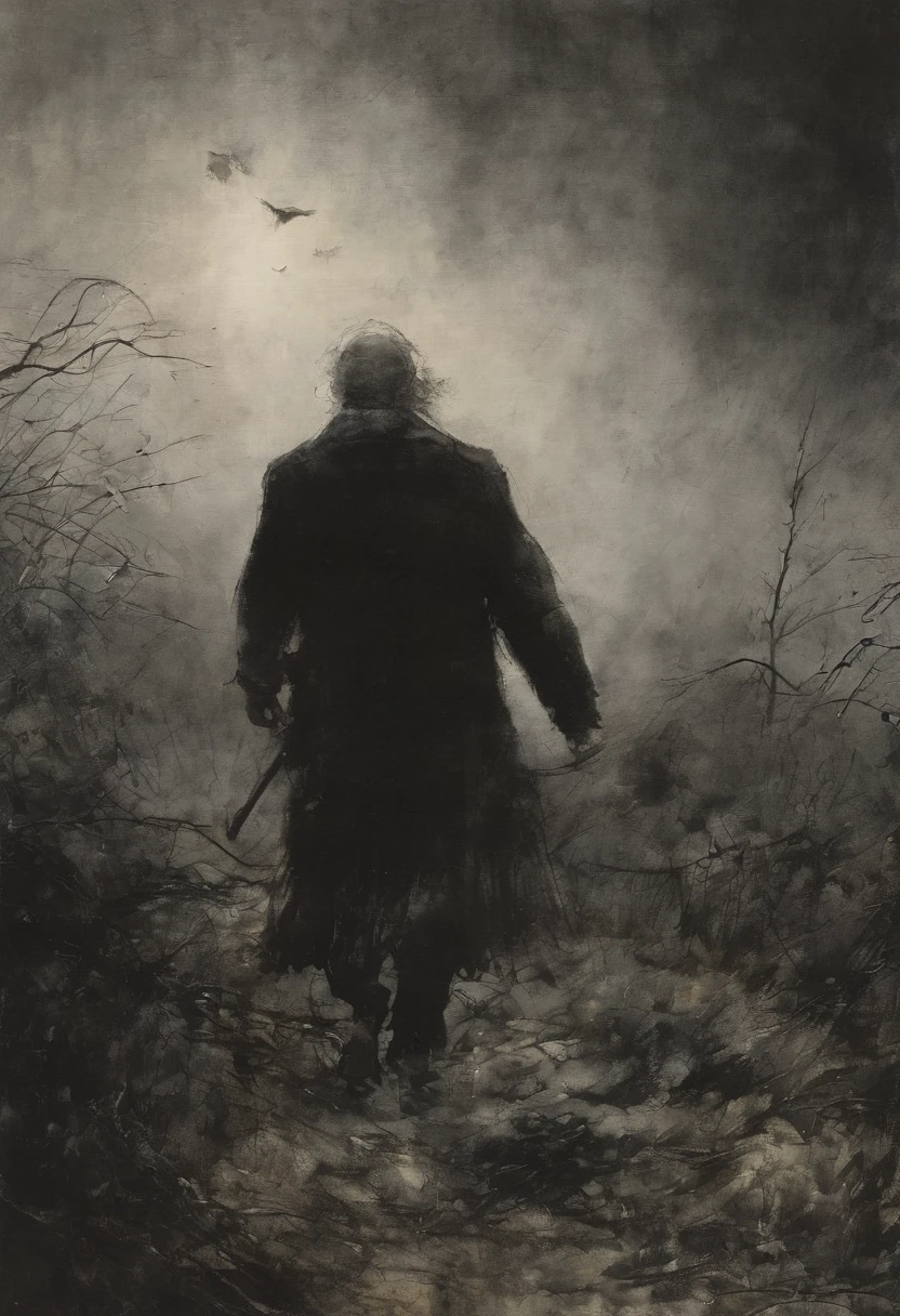 This is Andrew Wyeth - The Art of Andrew Wyeth - with the disturbing and grotesque world of Stephen Gammell, a muted floral palette and a dry brush technique that creates a sense of calm. (Computer game-Scorn (survival horror), creepypasta (dark monochrome background) masterpiece, fairy-tale background) (minimalism: 1). perfect body anatomy.
