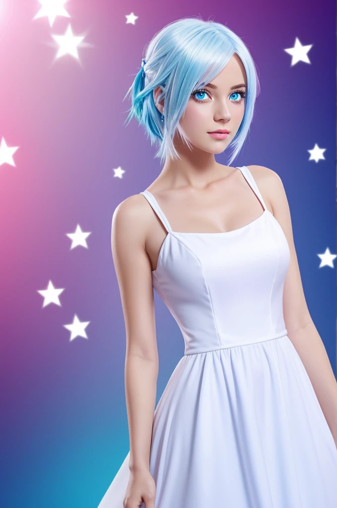 Cartoon character, female, white, sparkling blue hair Bright light pink eyes in a white dress