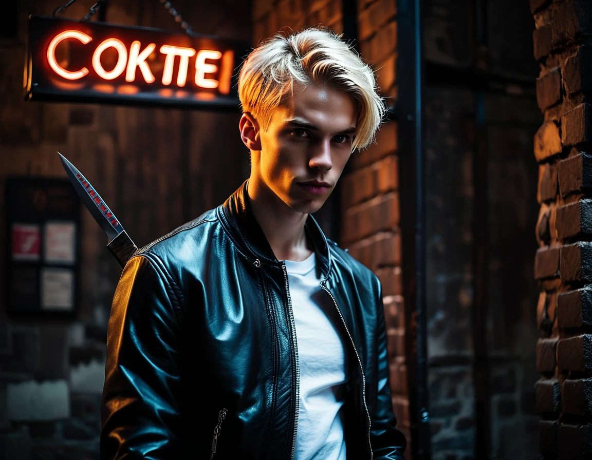 Hyper realistic, dark vibes, solo, young man, facing camera, 22 years, pale skin, model (skinny:1.2), (short cropped textured blond hair:1.2), black leather jacket, holding sharp knife, dark lighting, background (night BDSM club:1.2), foreboding, sexy, attractive, demon, incubus, evil, dark, sadistic expression(smirk:1.1), (neon sign that says:"CONTEXT":1.2), 