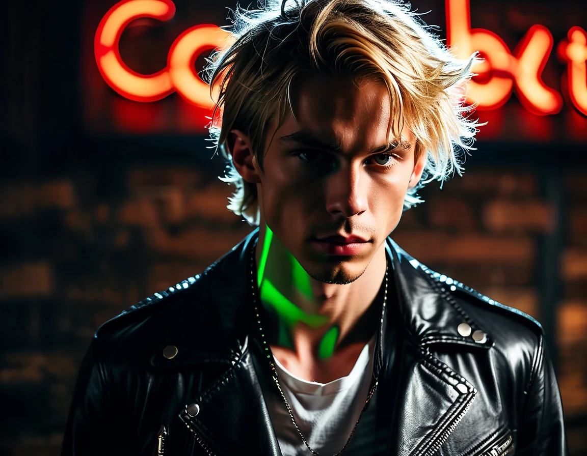 Hyper realistic, dark vibes, solo, young man, facing camera, 22 years, pale skin, model (skinny:1.2), (short cropped textured blond hair:1.2), black leather jacket, holding sharp knife, dark lighting, background (night BDSM club:1.2), foreboding, sexy, attractive, demon, incubus, evil, dark, sadistic expression(smirk:1.1), (neon sign that says:"CONTEXT":1.2),