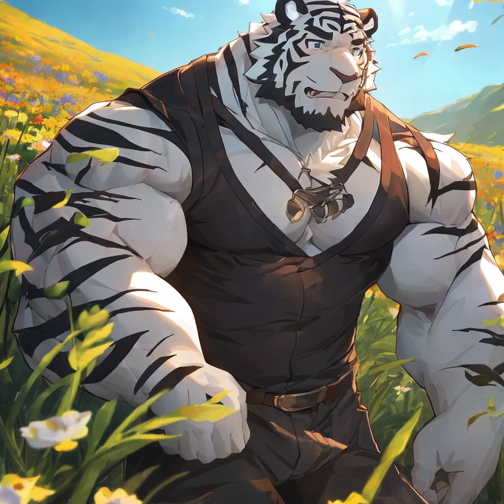 masterpiece,best quality,outdoor,Sunlight,noon,Flower Field,plant,Male focus,White tiger-type orcs,(Sporty:1.5), (White fur,Black eyebrows:1.5), Onyx-like eyes,Black pupils,Black Nose,Five fingers,Strong body,Tiger Teeth,Pectoralis major,Eight-pack abs,Unbutton your clothes,Showing chest muscles,belt