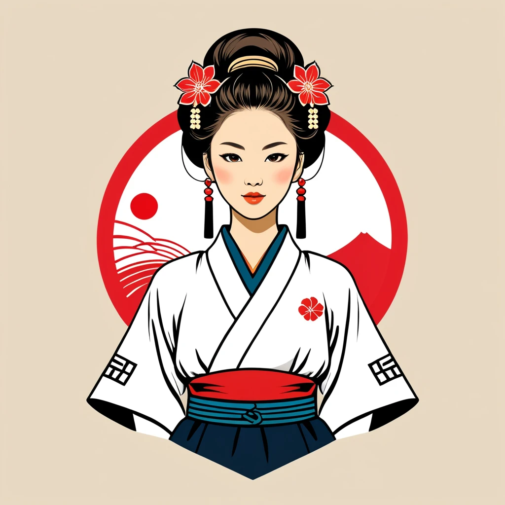 female witzard in japan folk outfit, vector graphics, strong contours, logo design