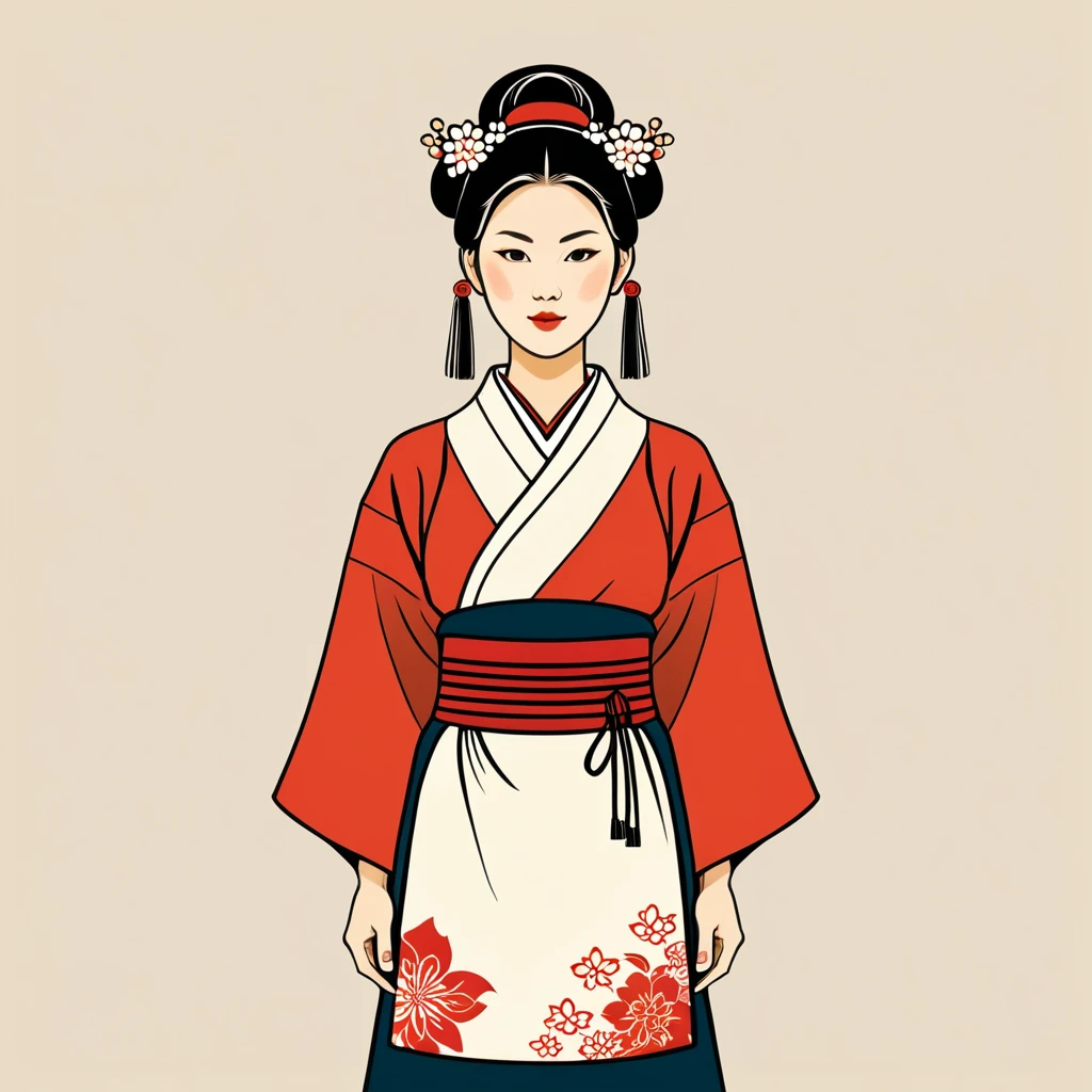 female witzard in japan folk outfit, vector graphics, strong contours, logo design