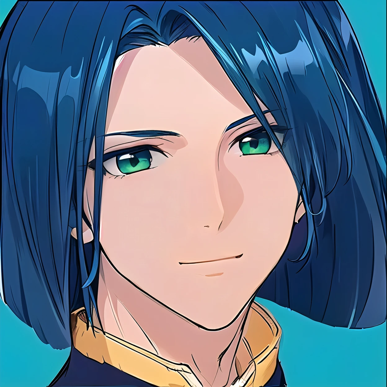((masterpiece)), ((Highest quality)), ((High resolution)), ((1boy)), alone, ((Man of Beauty)), ((A beautiful 19-year-old young man)), ((Beautiful long, dark green eyes)), (Beautifully detailed face), eyelash, Straight hair down to the shoulders, Parted hair, ((Blue Hair)), bob cut, ((Cool vibe)), ((light smile))