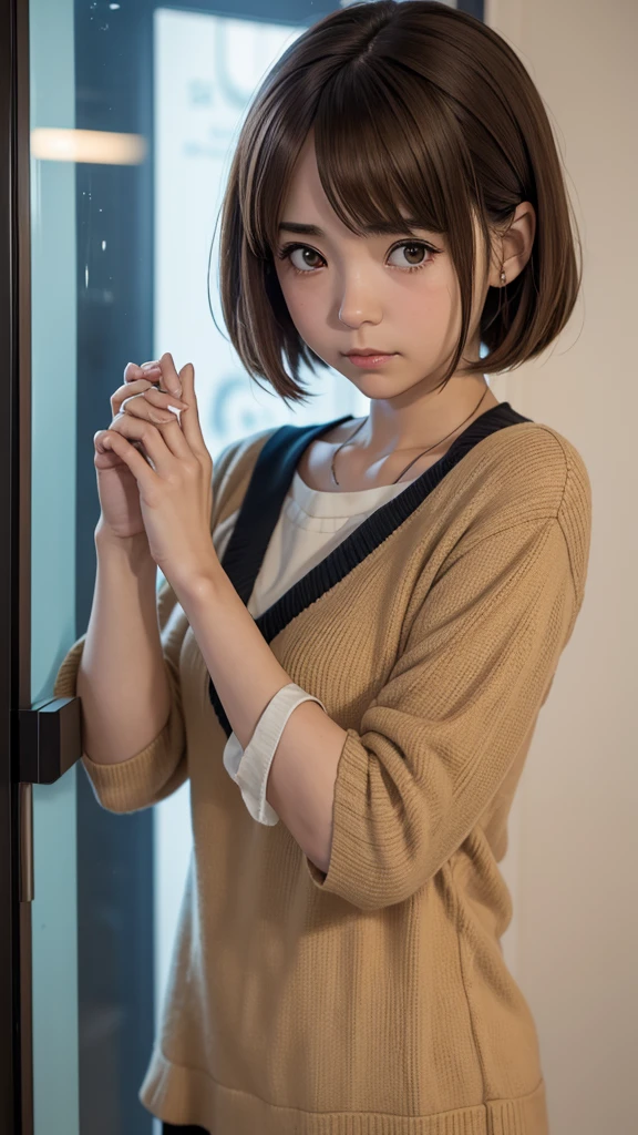 an anime girl with the eyes crossed, hands on face, holding hands, and making some sort of sign, against glass, hirasawa yui, 1girl, solo, brown hair, brown eyes, , sakuragaoka high , short hair, hairclip, hair ornament