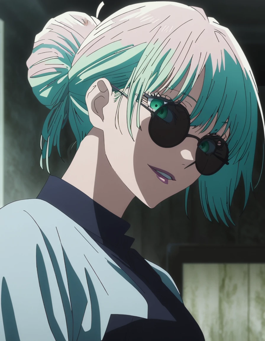 1girl, female gojo satoru, anime screencap from jujutsu kaisen, gojo satoru female version, solo, long_Green hair, hair strands, hair bun, black round sunglasses, Green Eyes, parted_lips, smiling, looking_at_viewer, perfect background, indoors, side view, white_hair, bangs, eyelashes, blackless outfit, hair_between_eyes, floating hair, (hair strands) ((shot from behind))