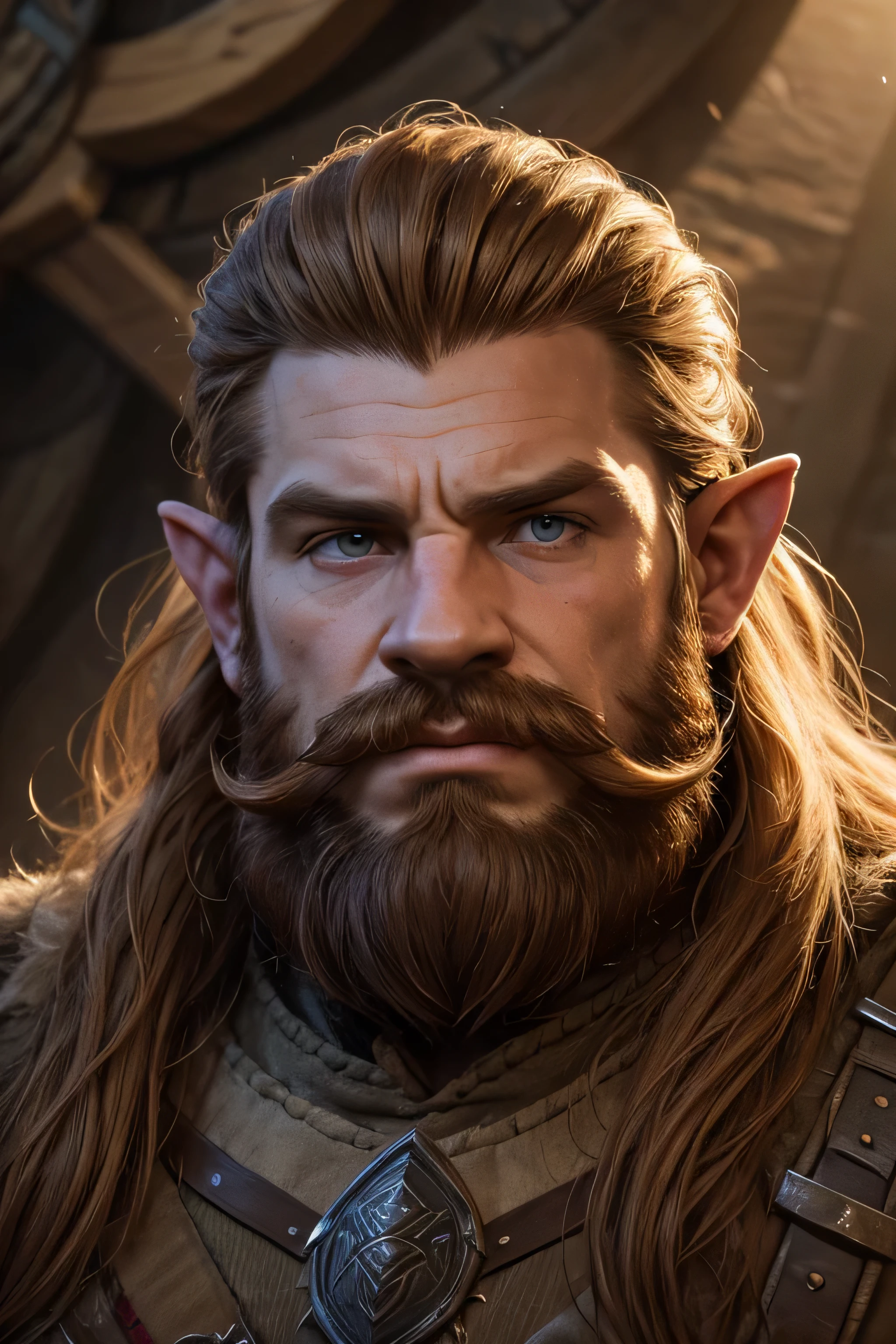 (8K, high definition, high quality, highly detailed) Handsome dwarf. hyper-masculine. square jaw. hunter eyes. gingerhead. full beard. thick mustache. headshot. wearing middle-earth tunic. looking away from the camera. dramatic lighting.