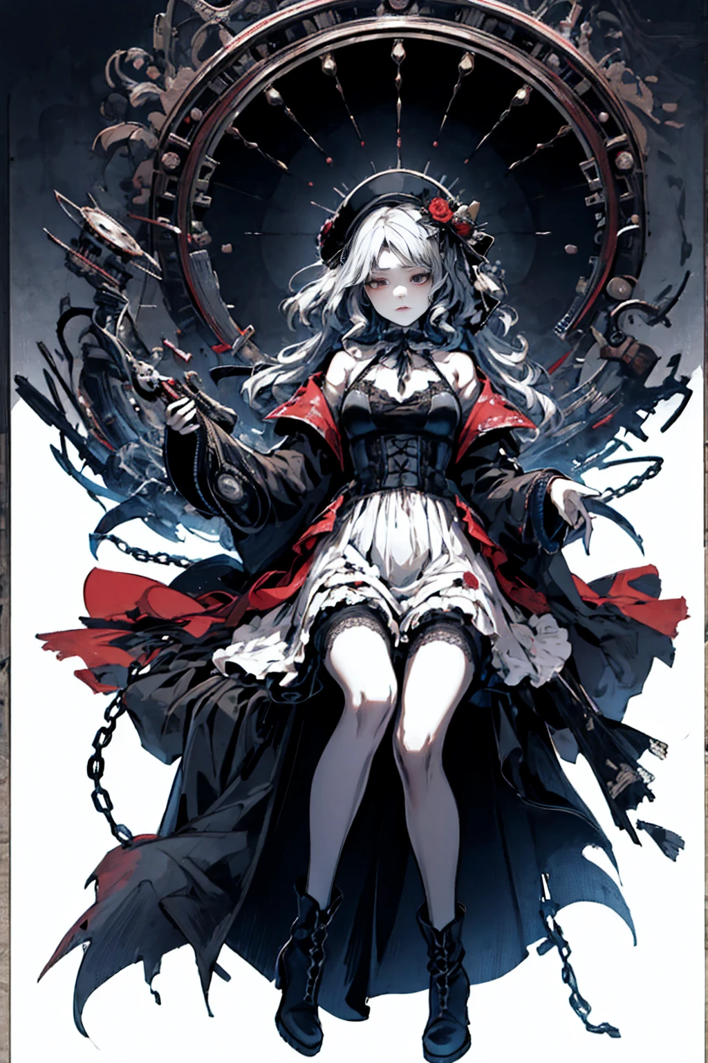 ((Highest quality)), ((masterpiece)), (detailed), One girl, Off the shoulder, blank White Background, Plain background, White Background, Red and white outfit, Inspired by Bloodborne,  occult aesthetic, occult, detailed and intricate steampunk and detailed gothic, Browsing Caution, Very dramatic and cinematic lighting, Space horror, dark, Side light, Perfect Face, Browsing Caution, Fluttering lace flared long Knee length dresses with frilly petticoats, Knee length dresses, Pleated petticoat, Lolita Dress, Petticoat Gothic Lolita, Intricate lace boots, Side light, Gothic Lolita Aesthetics, Wield a powerful sword equipped with mechanical parts, carbine, Browsing Caution, beautiful Small breasts, Small breasts, full body, whole body, body, Plain background, White Background, Blank Background, No background, White Background Browsing Caution, chain, full body, whole body, head-to-toe Browsing Caution