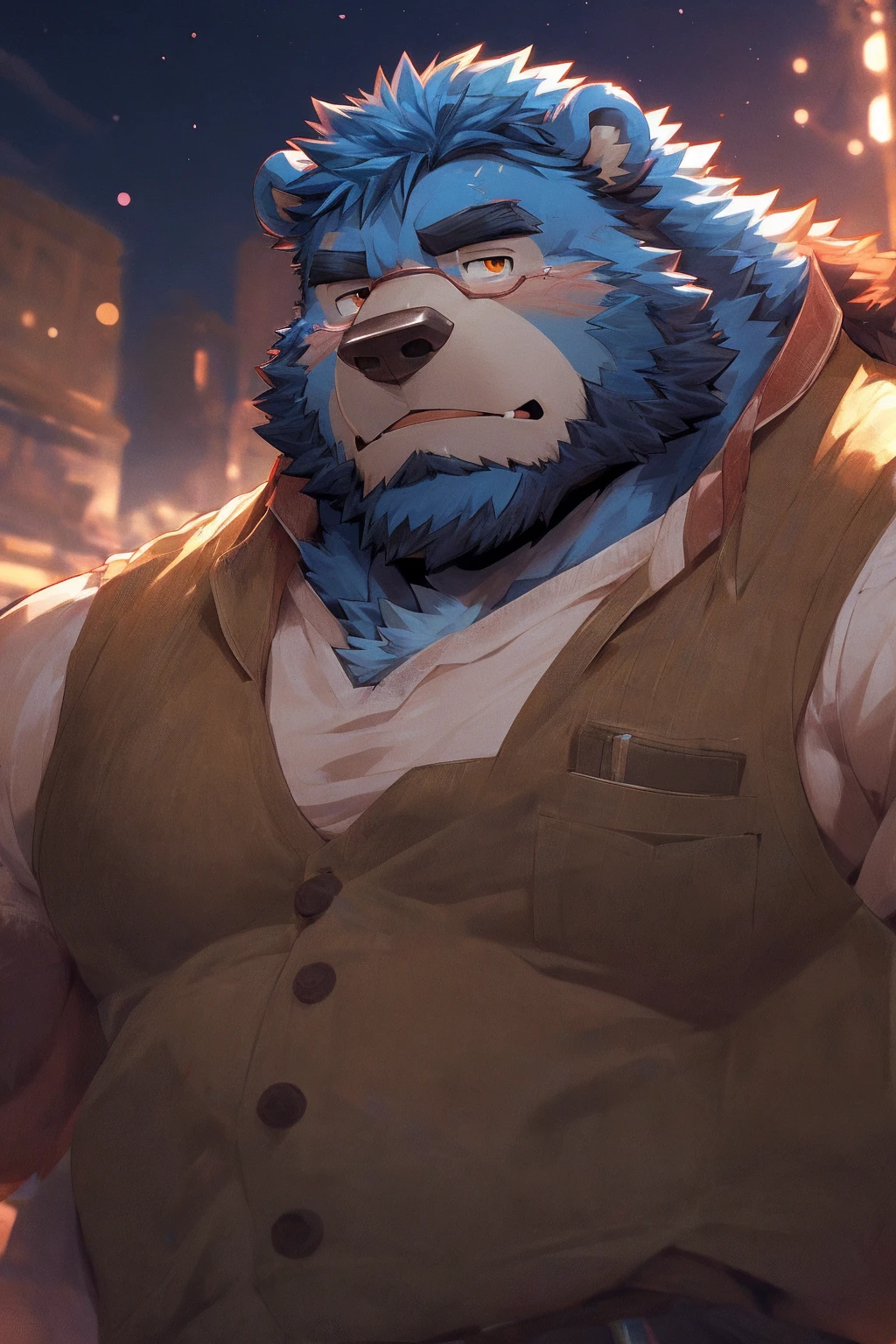 human nature, Wildlife, male,36 years old，Uncle， solitary, ((Round Face, The face is plump,Orange eyes,Thick blue hair，Furry little ears with scars)), ((Endomorph, Handsome的，)), （construction worker，White architectural clothing，), ((domestic blue bear, Bear Orc，) Fluffy fur, Fluffy), Bokeh, (high quality, high resolution, masterpiece), (Dynamic Lighting, Vibrant colors，Natural fill light), (Revitalize，Handsome，tired), Full body picture (close up), cartoon, author：Takemoto Arashi, From zixiong, By Chunni, author：Empty Ghost，moonlight，Lying on your own，Quiet rest in the dark night，符合中年Uncle的房间（background：Simple style makes people look comfortable bedroom）