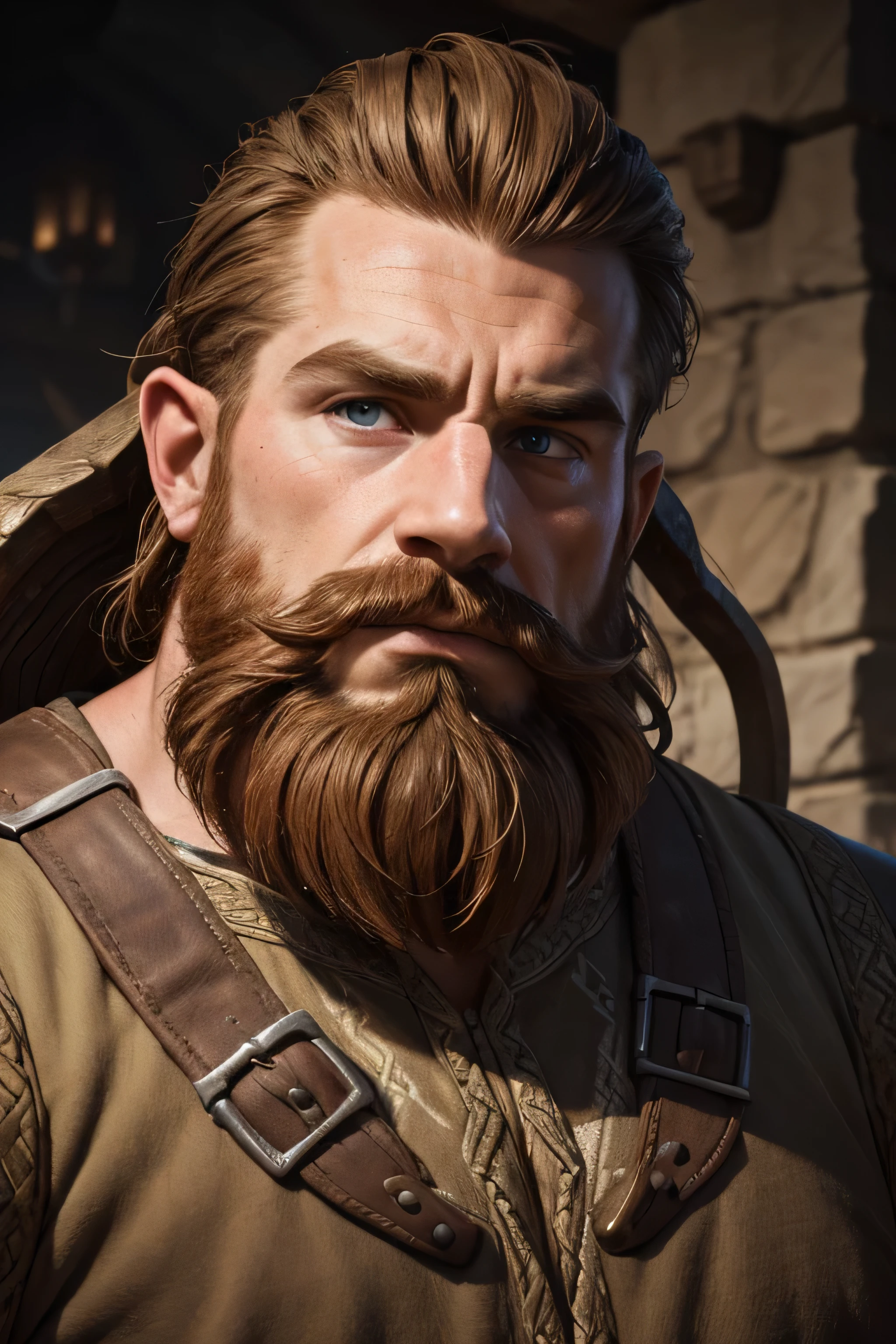 (8K, high definition, high quality, highly detailed) Handsome dwarf. hyper-masculine. square jaw. hunter eyes. gingerhead. full beard. thick mustache. headshot. wearing middle-earth tunic. looking away from the camera. dramatic lighting.