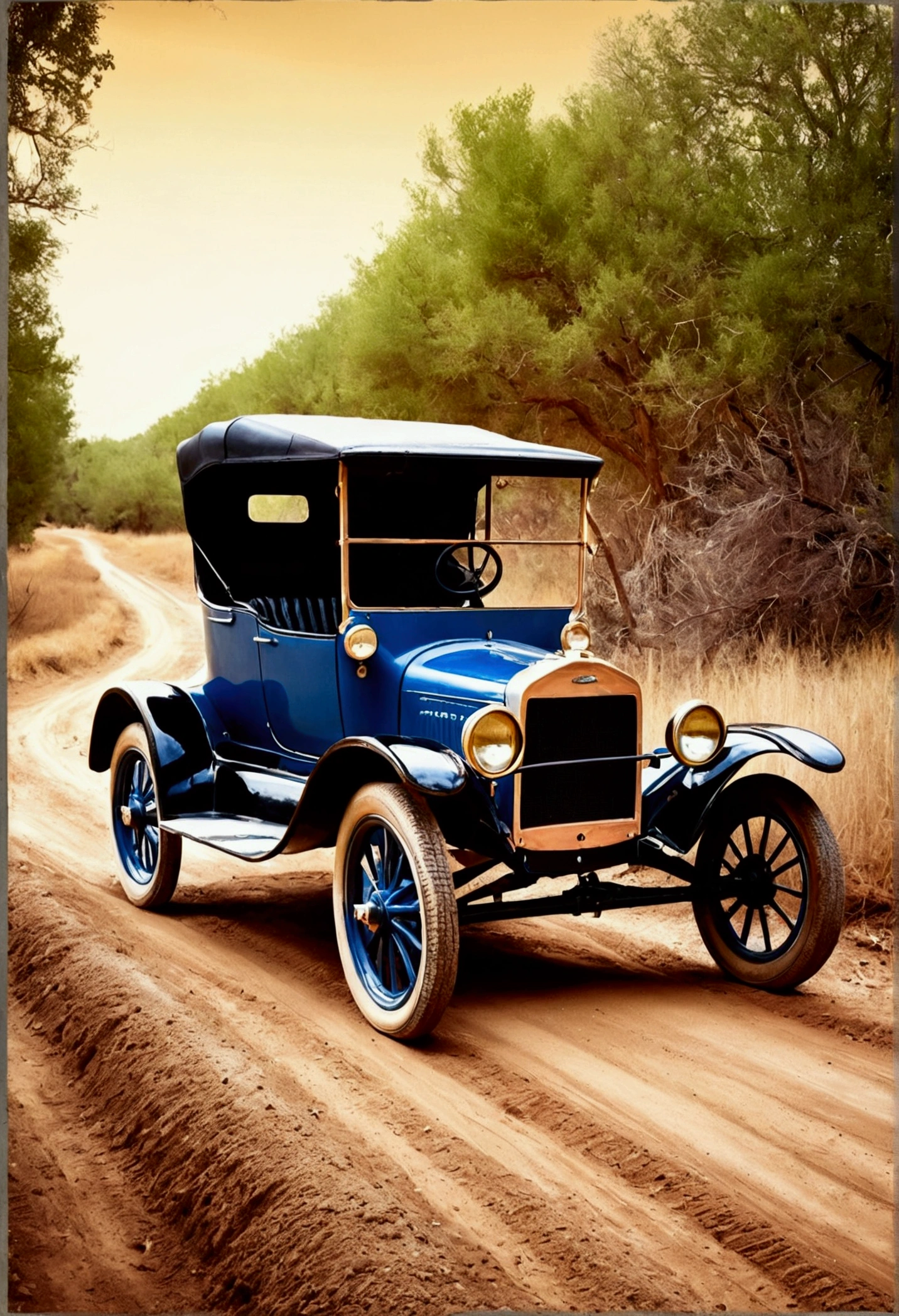A model T ford on a dirt road with an old color filter