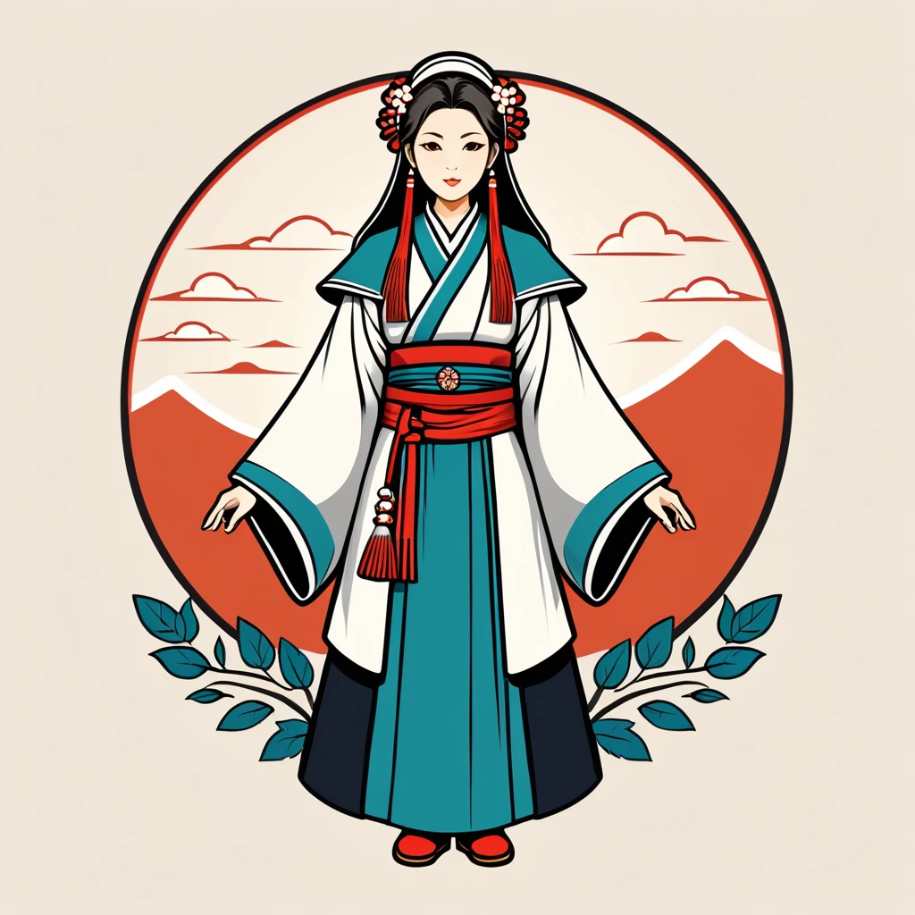 female cleric in japan folk outfit, vector graphics, strong contours, logo design