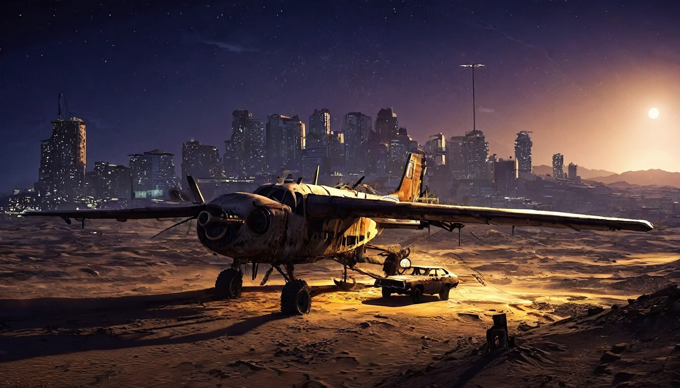 plane desert night city post apocalyptic
