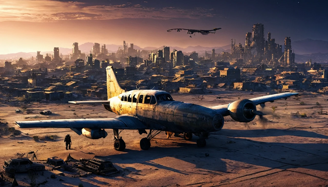 plane desert night city post apocalyptic