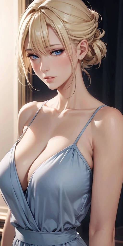 Elegant mature woman, milf, blue eyes, blonde hair, soft light, 4k resolution, high quality, beautiful cg
