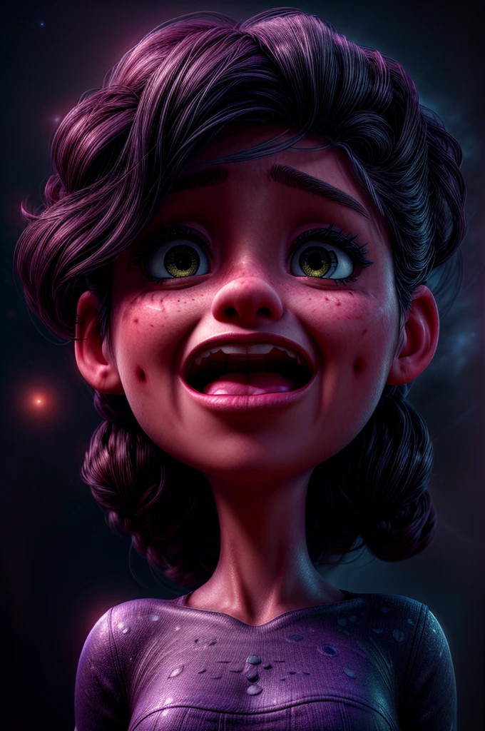 a woman screaming, detailed face, beautiful eyes, beautiful lips, cinematic lighting, dark background, vast galaxy space, nebula clouds, glowing stars, volumetric lighting, cinematic composition, digital painting, muted colors, dramatic atmosphere, masterpiece