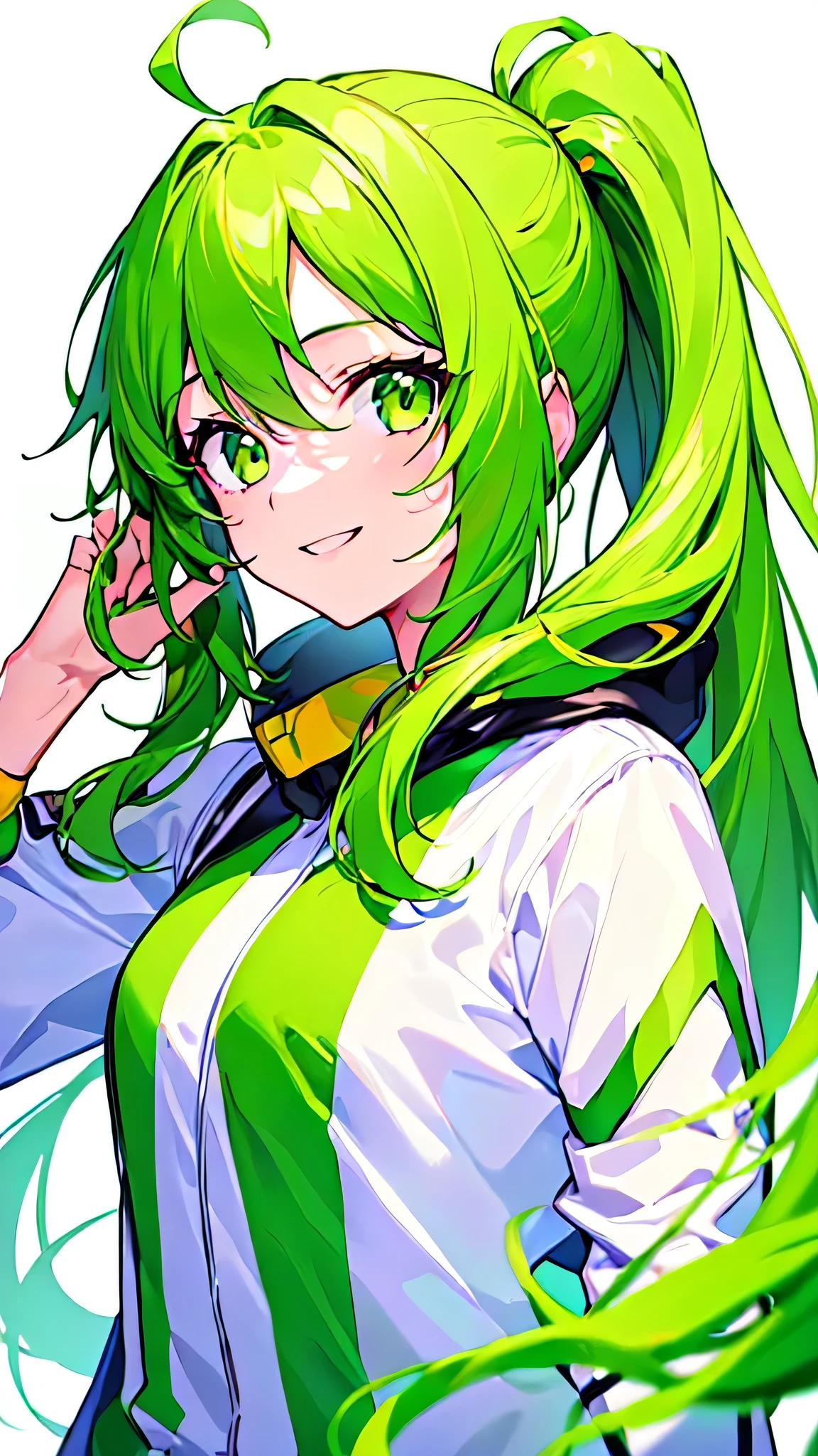[(WHITE BACKGROUND:1.5),::5], ((((masterpiece)))), high quality, ultra very high resolution, full color, (((solo))), ((younger girl)), (green yellow long hair),  pony tails, (Green eyes), anime, ((upper body)), white parka, smile face,