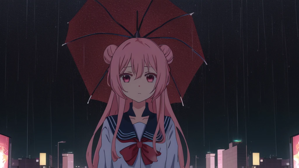 masterpiece, best quality, city background, rainy, 1girl, solo, upper body, bow, serafuku, satou, emotionless, expressionless, anime wallpaper 4k, detailed background, detailed hair